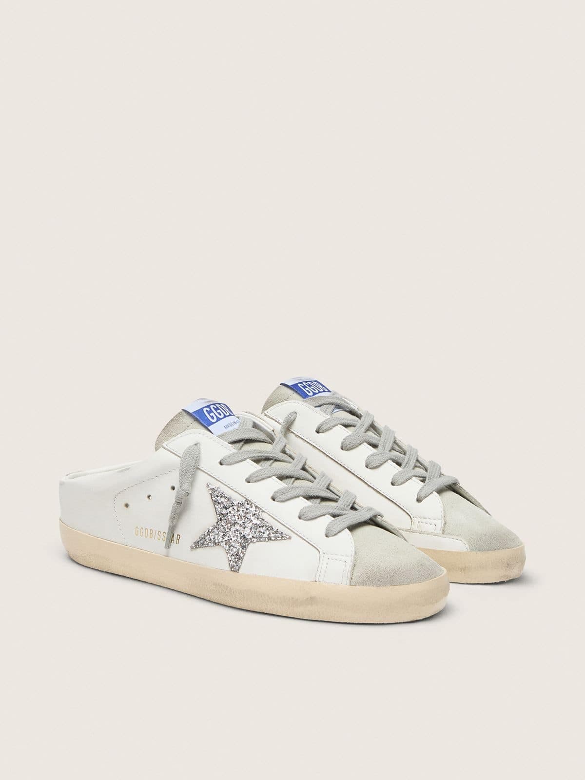 Women’s Super-Star Sabot with a platinum glitter star and suede tongue