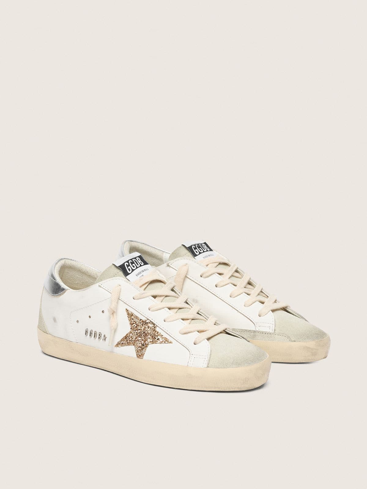 Women’s Super-Star with gold glitter star and ice-gray suede inserts