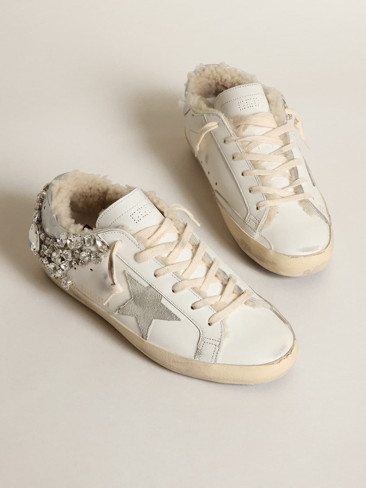 Women’s Super-Star in White Leather With Shearling Lining and Decorative Crystals