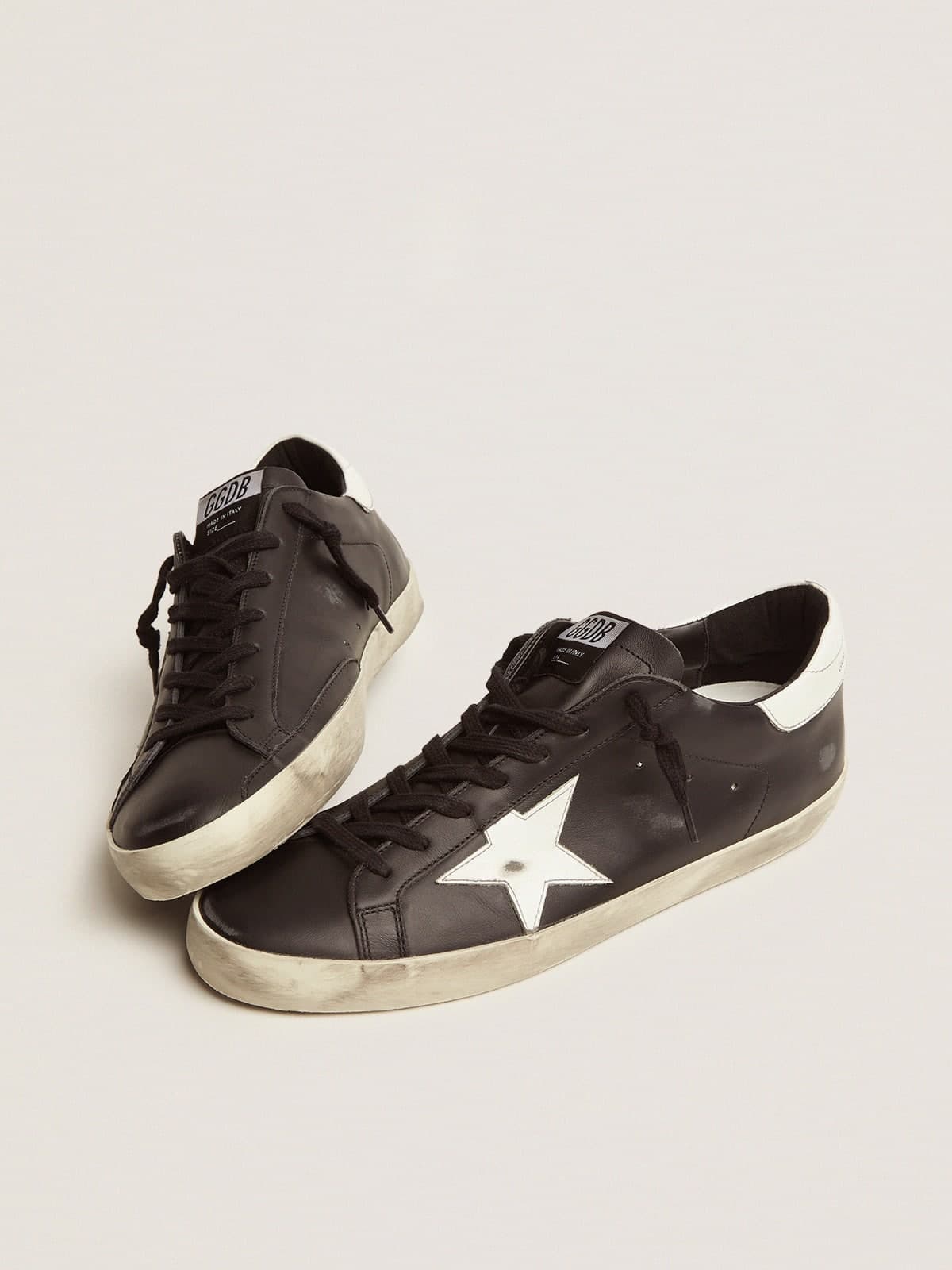 Men's Super Star in black leather with white leather star and heel tab — фото 1