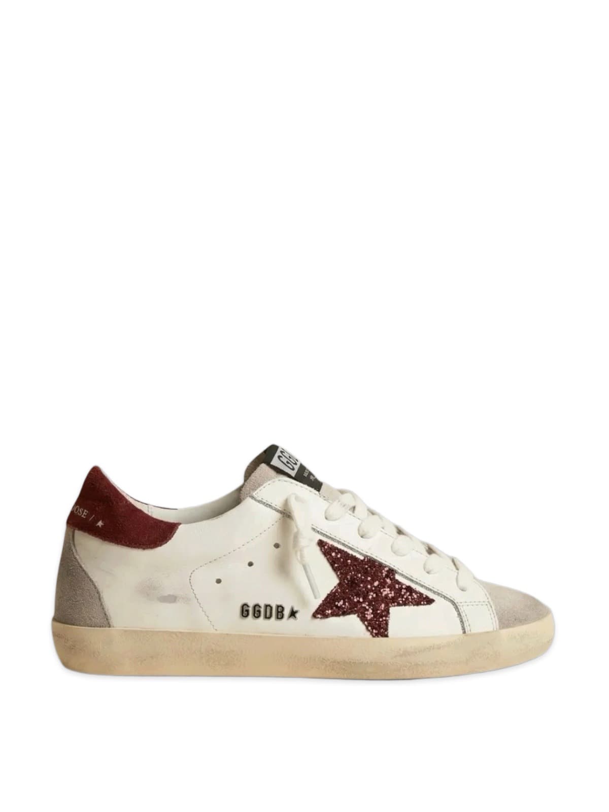 Women’s Super Star with burgundy glitter star and burgundy heel tab