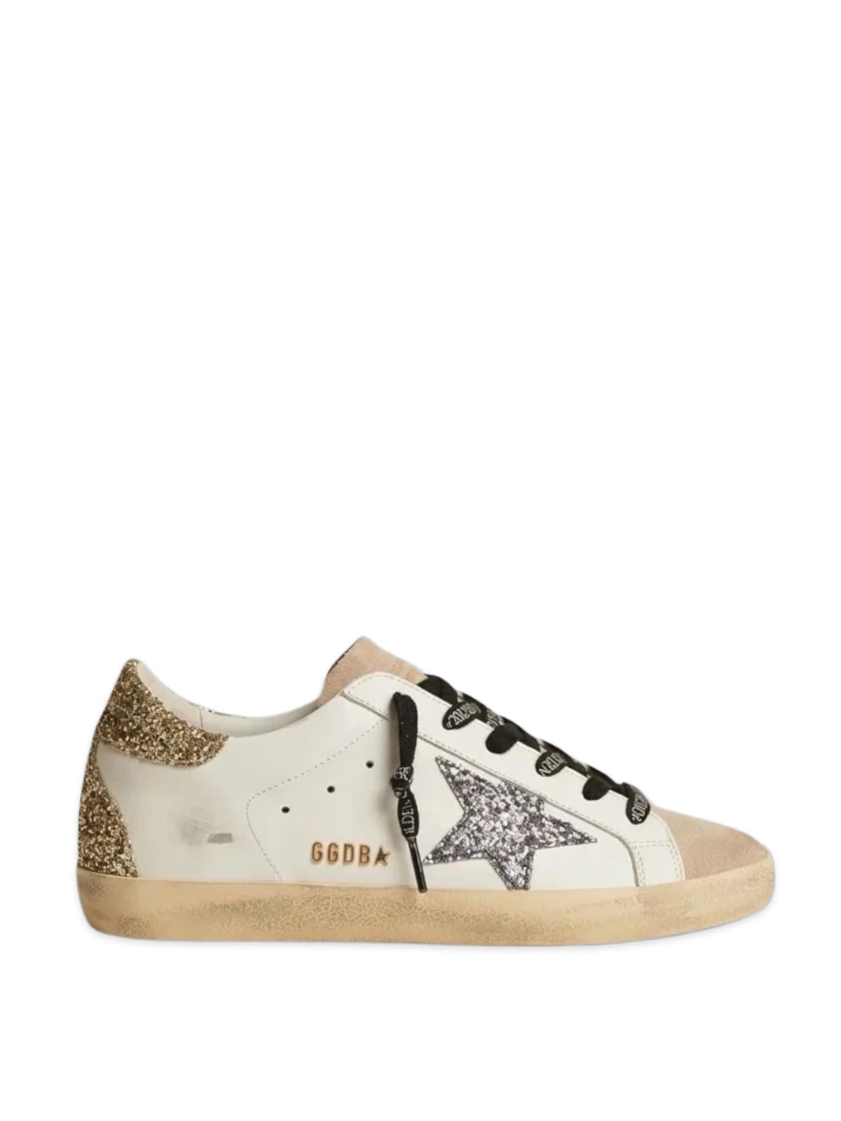 Women’s Super Star with black glitter star and gold glitter heel tab
