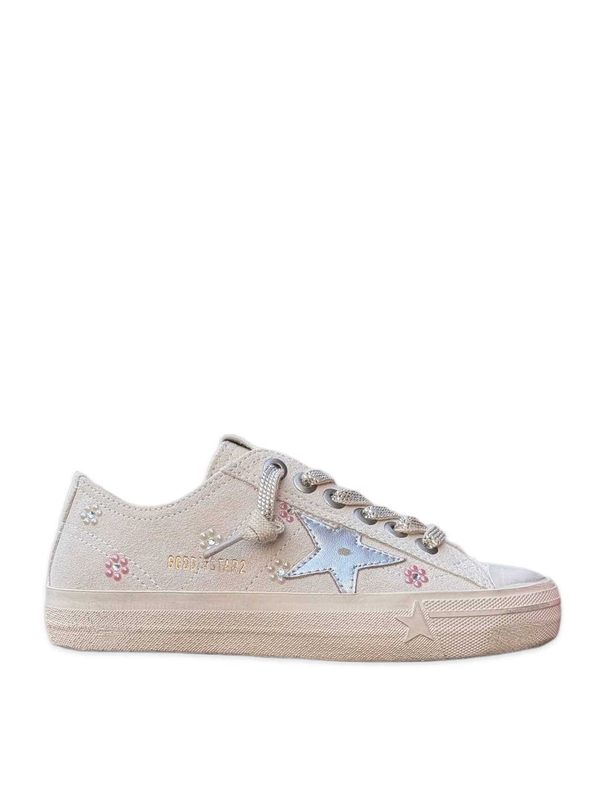 Women’s V-Star in ice-gray suede with white leather star and floral pink