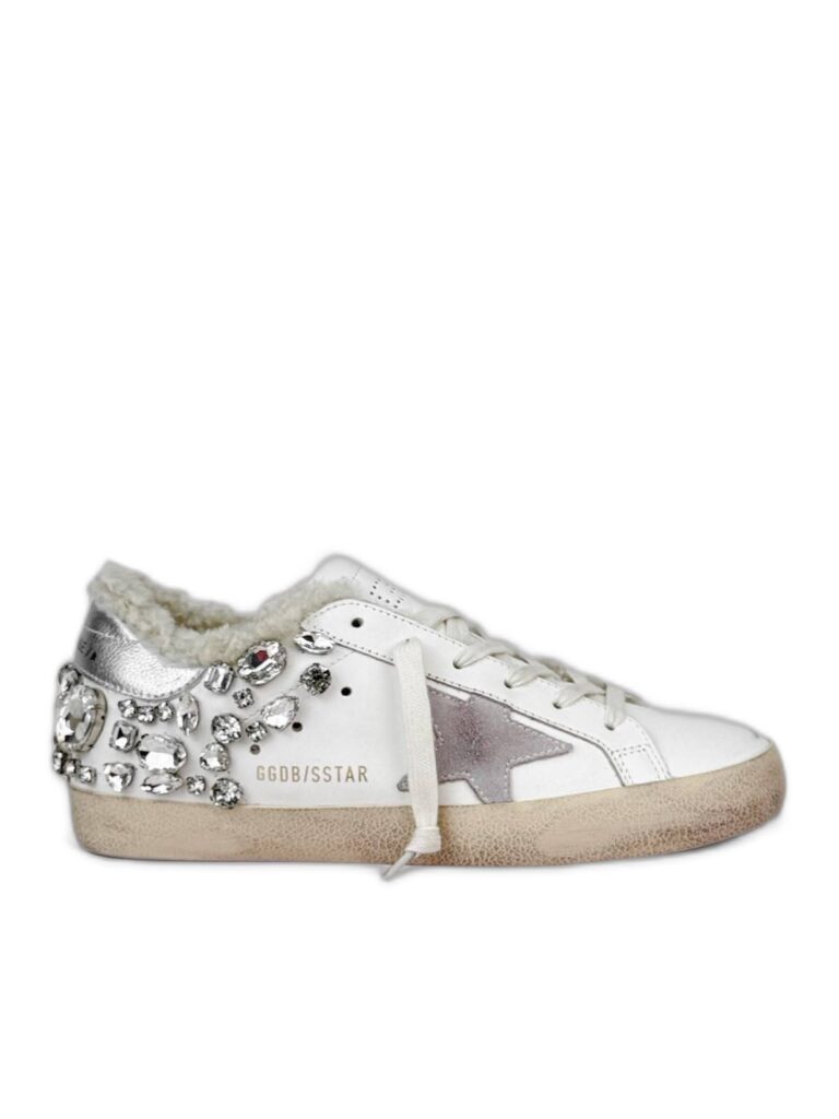 Women’s Super-Star in White Leather With Shearling Lining and Decorative Crystals