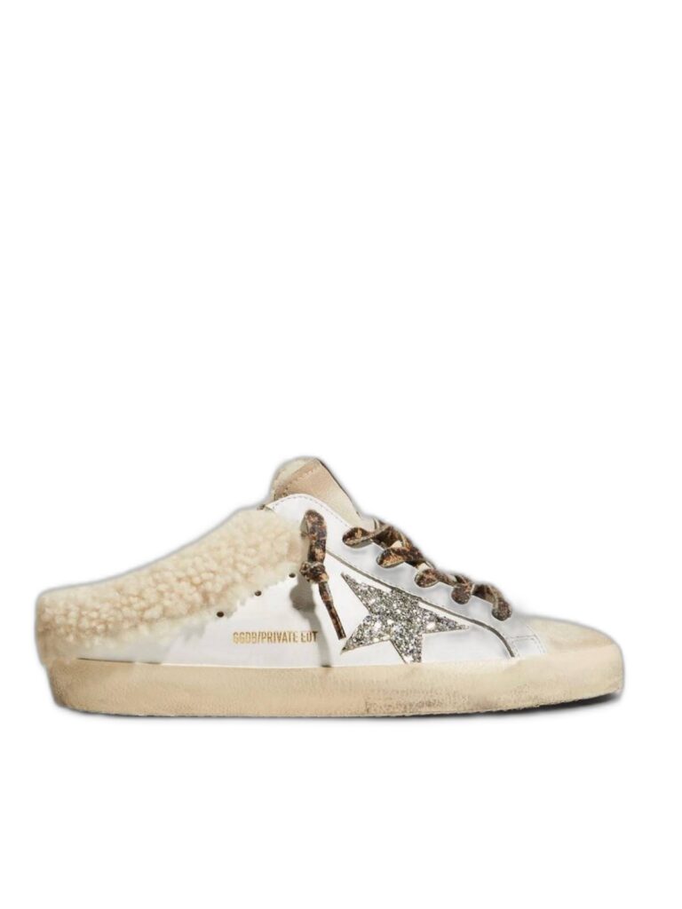 Women’s Super-Star Sabot Shearling in White Leather and Beige Suede With Silver Glitter Star