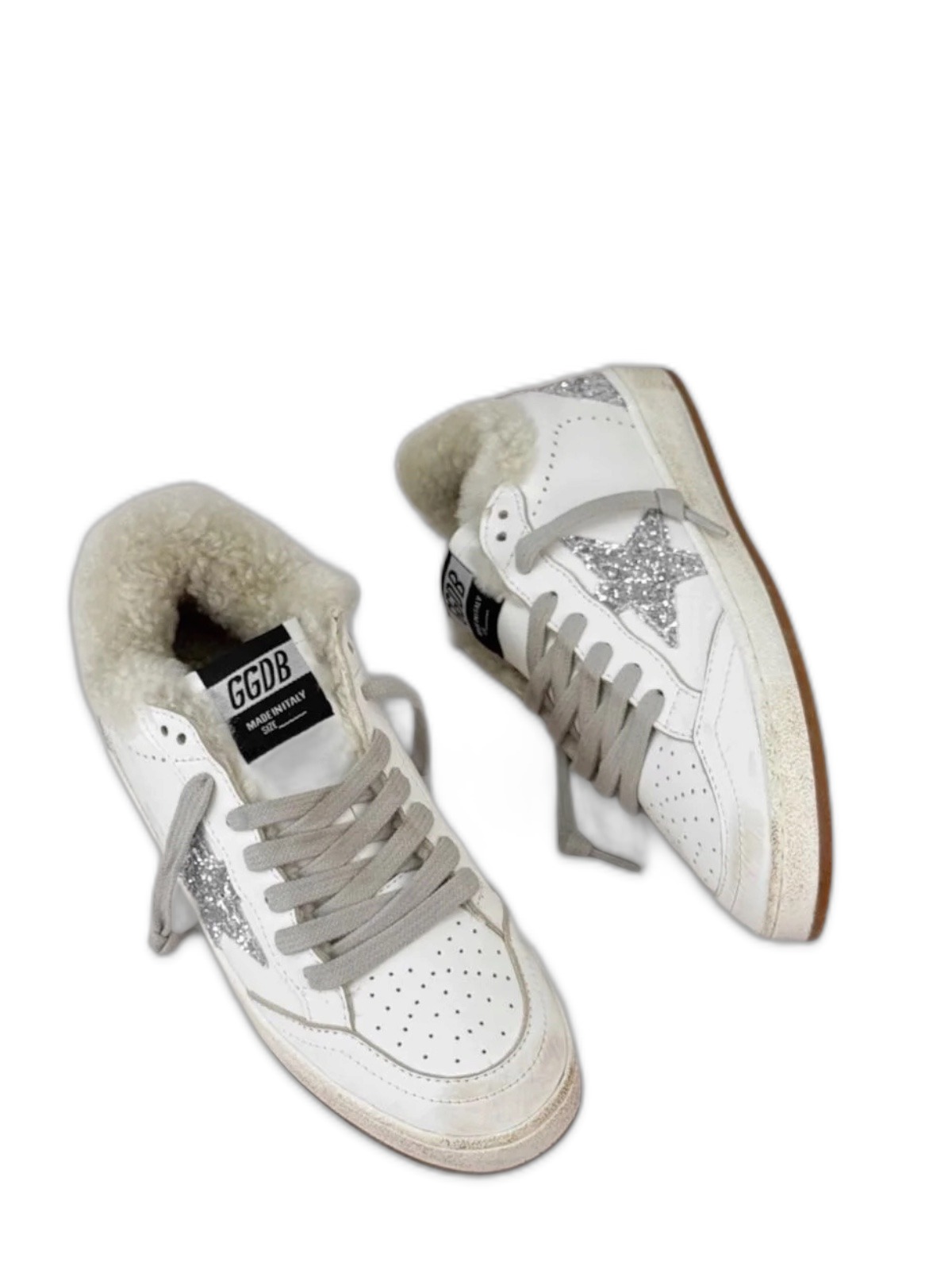 Women’s Ball Star in White Leather With Shearling Lining and Silver Glitter Star 1 Women’s Ball Star in White Leather With Shearling Lining and Silver Glitter Star
