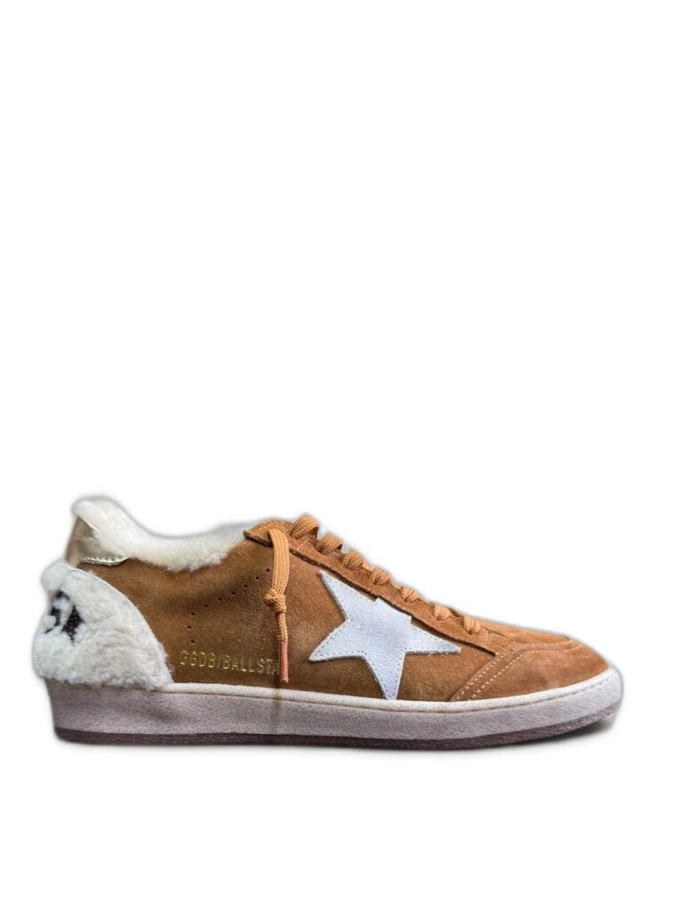 Women’s Ball Star Shearling-Trimmed Suede Sneakers in Tan With Silver Star