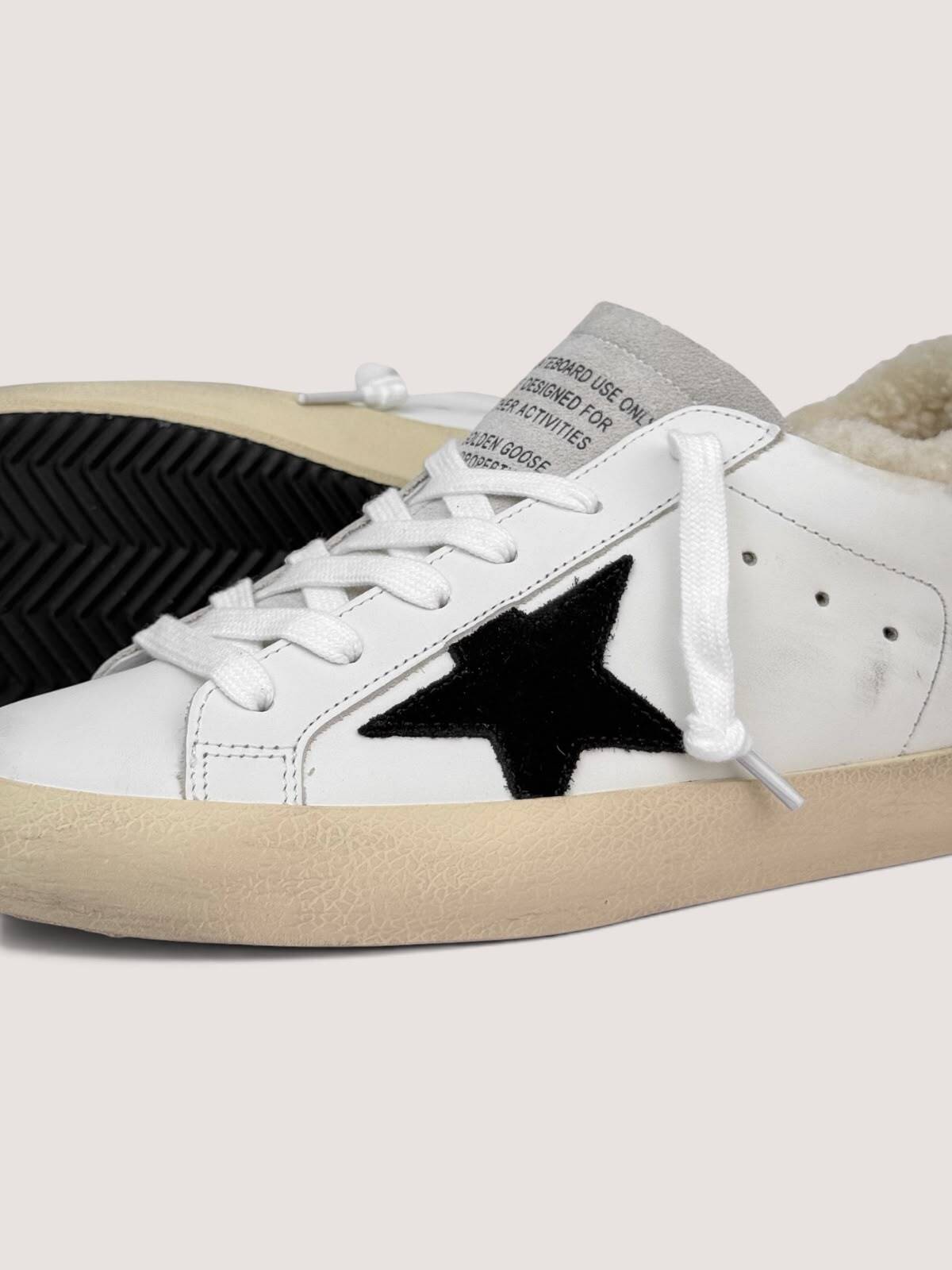 Women’s Ball Star Shearling in White Leather With Black Star and Silver Heel Tab